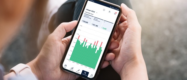 eine Person prüft ihren Energieverbrauch und die Kosten in einer Handyapp