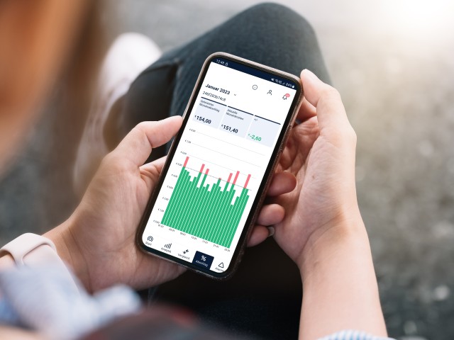 eine Person prüft ihren Energieverbrauch und die Kosten in einer Handyapp